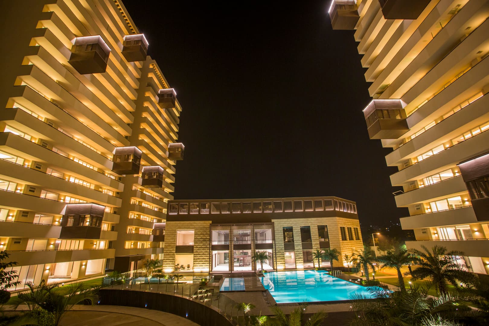 Salcon Verandas towers illuminated at night